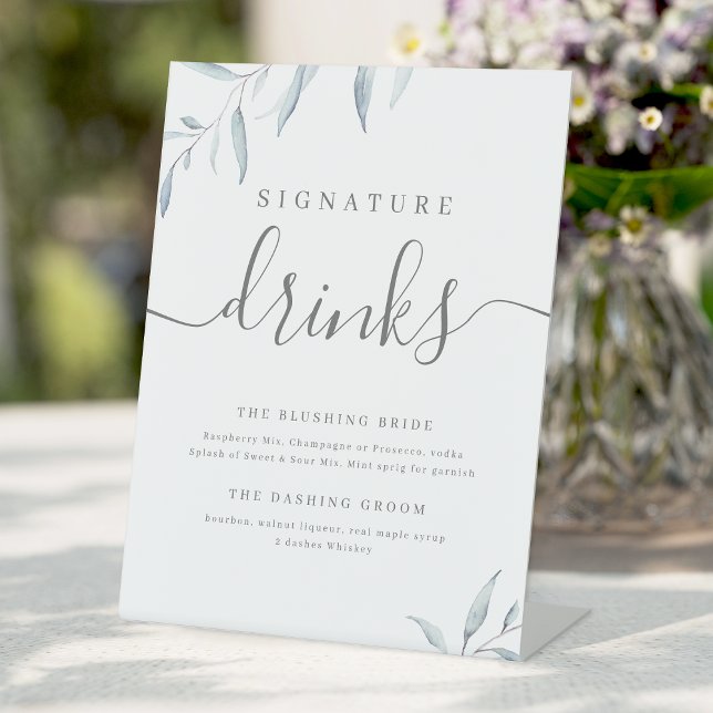 Minimal greenery rustic Wedding Signature Drinks Pedestal Sign (Minimal dusty blue greenery rustic Wedding Signature Drinks Pedestal Sign)
