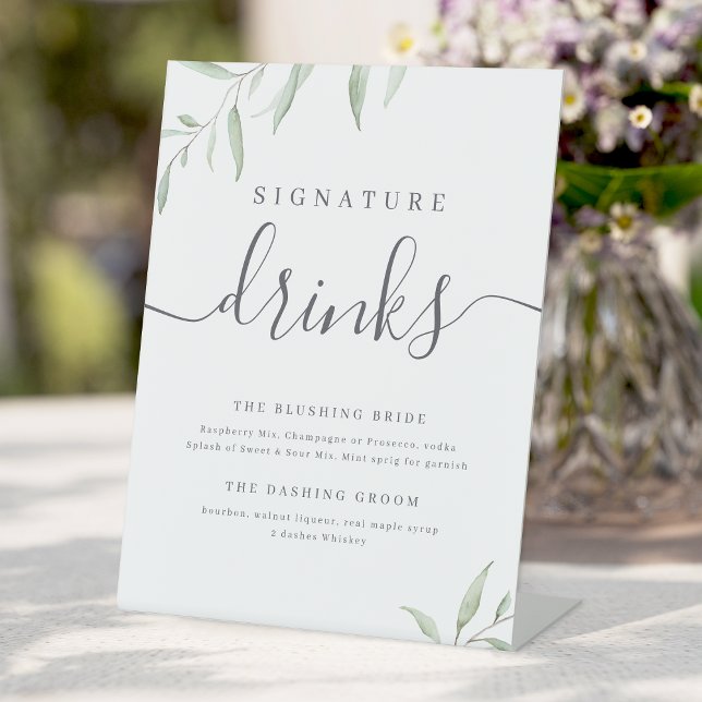 Minimal greenery rustic Wedding Signature Drinks Pedestal Sign (Minimal greenery rustic Wedding Signature Drinks Pedestal Sign)