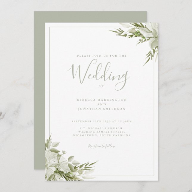 Minimal Greenery Sage Green Leaf Wedding Invitation (Front/Back)