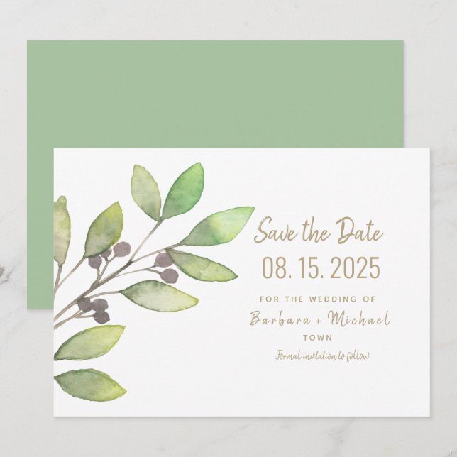 Minimal Greenery Simple Calligraphy Wedding Save The Date (Front/Back)