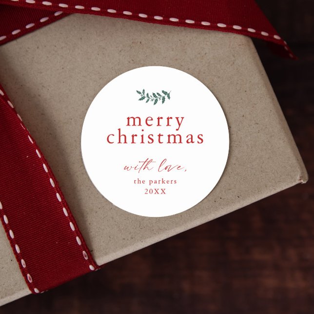Minimal Greenery Simple Merry Christmas Classic Round Sticker (Classic red and green holly branch christmas gift tags.)