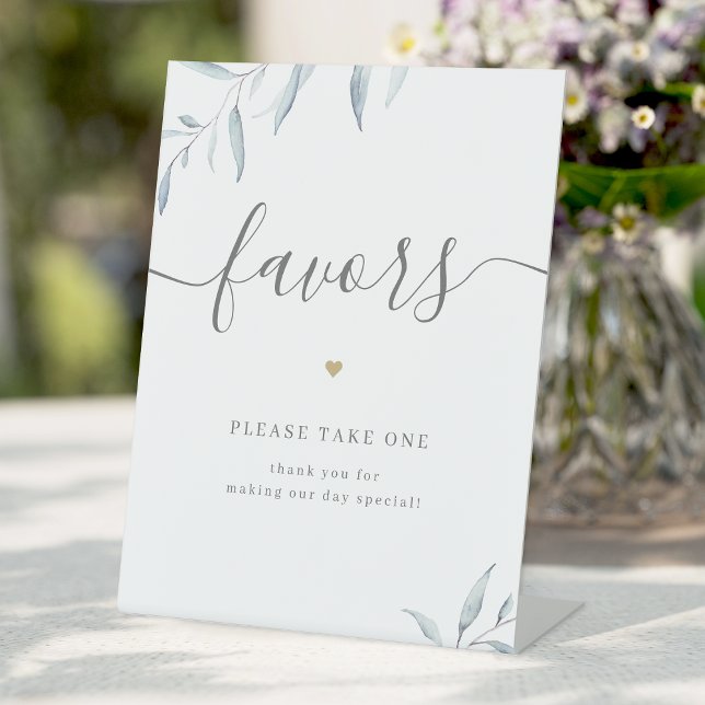 Minimal greenery Wedding Favours Please Take One  Pedestal Sign (Minimal dusty blue greenery Wedding Favors Please Take One Pedestal Sign)