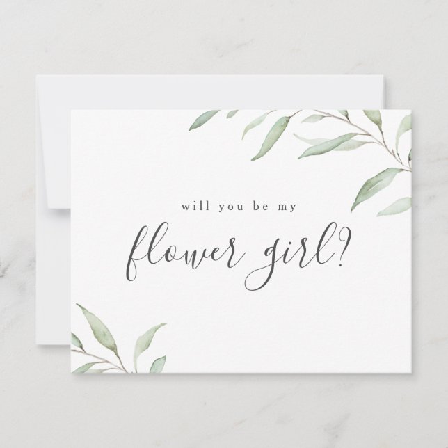 Minimal greenery will you be my flower girl invitation (Front)