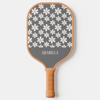 Minimal Grey and White Daisies Personalised Boho Pickleball Paddle
