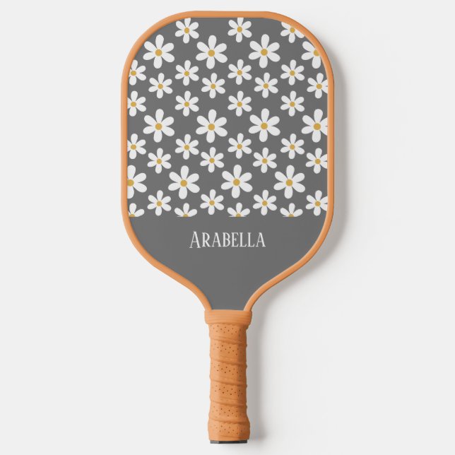 Minimal Grey and White Daisies Personalised Boho Pickleball Paddle (Front)
