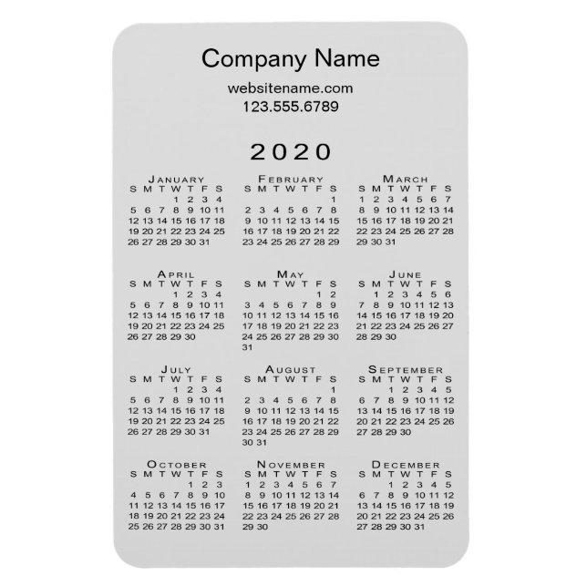 Minimal Grey Black 2020 Calendar Company Name Info Magnet (Vertical)