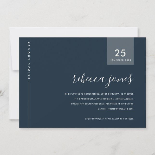 MINIMAL GREY BLUE NAVY TYPOGRAPHY BRIDAL SHOWER INVITATION (Front)
