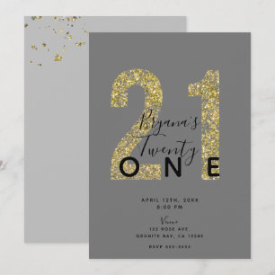 Minimal Grey Gold Flakes 21 Glitter 21st Birthday  Invitation