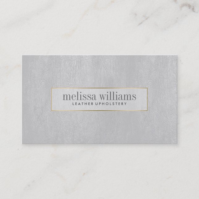 Minimal Grey Leather Texture Gold Accents Business Card (Front)