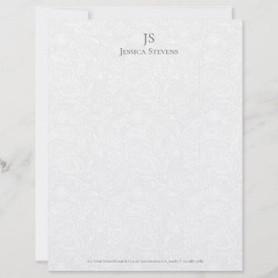 Minimal Grey Monogram Plush White Damask Pattern Custom Letterhead