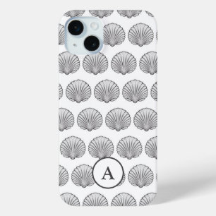 Minimal Grey Monogramed Seashell Pattern iPhone 15 Mini Case
