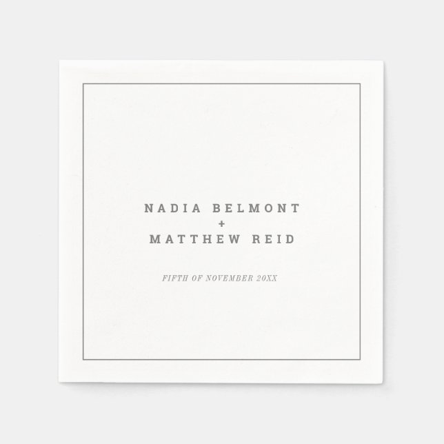 Minimal grey white vertical text wedding napkin (Front)
