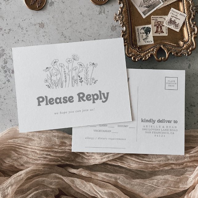 Minimal Grey Wildflower Menu Choice RSVP Postcard (Creator Uploaded)