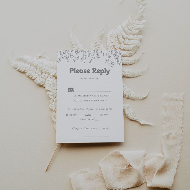Minimal Grey Wildflower Wedding Menu Choice RSVP (Creator Uploaded)