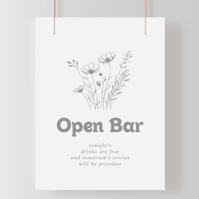 Minimal Grey Wildflower Wedding Open Bar Sign (Creator Uploaded)