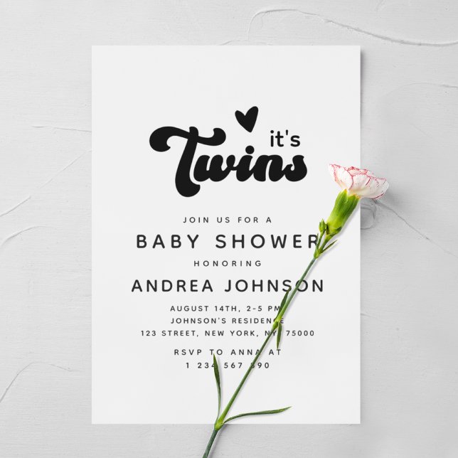 Minimal Groovy Retro Twins Heart Baby Shower Invitation (Creator Uploaded)