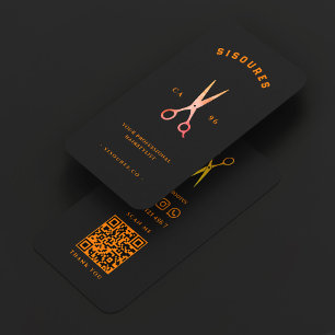 Minimal Hair Stylist Black Orange Scissors Barber Business Card