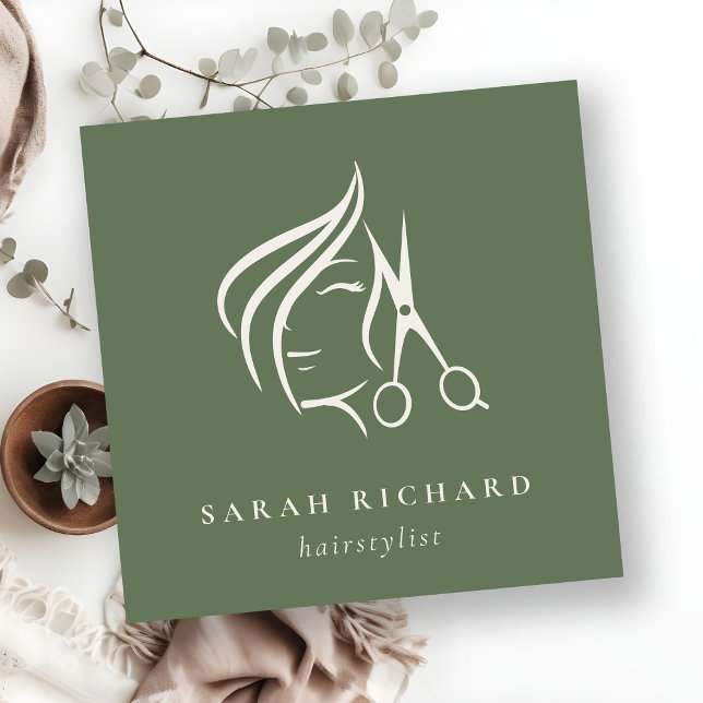 Minimal Hairstylist Dusky Moss Green Hair Scissor  Square Business Card (Creator Uploaded)