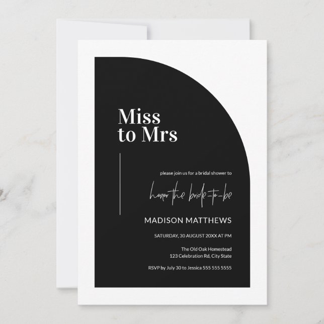 Minimal Half Arch Miss to Mrs Black & White Bridal Invitation (Front)