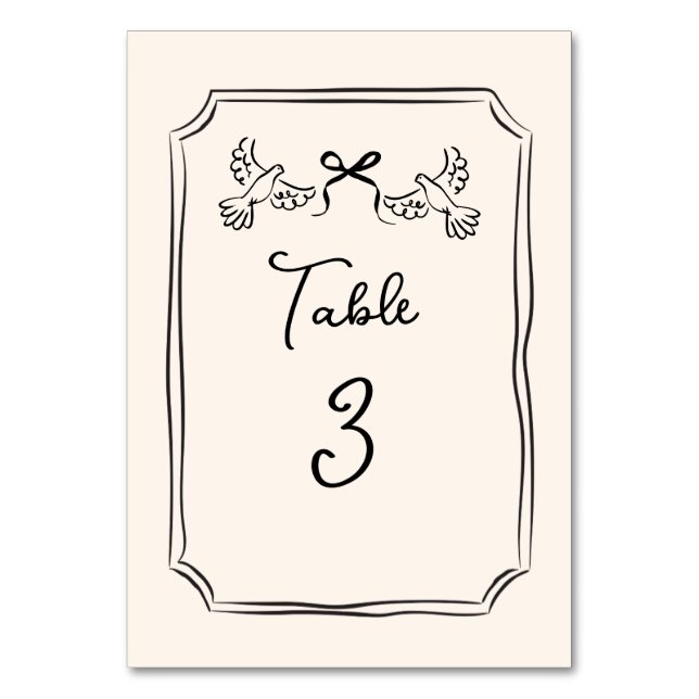 Minimal Hand-Drawn Doves Wedding Table Number Card (Front)