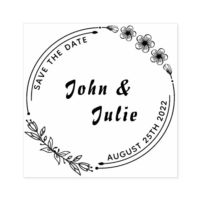 Minimal Hand Drawn Floral Wedding Save The Date Rubber Stamp (Imprint)