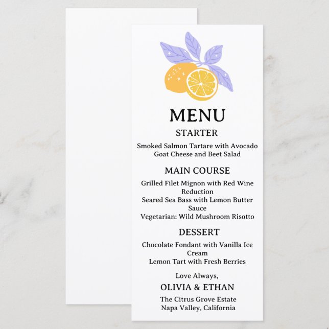 Minimal Hand Drawn Lemon Wedding  Menu (Front/Back)