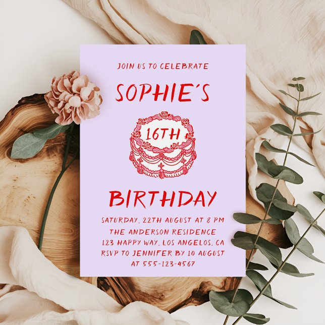 Minimal Hand Drawn Red Cake 16th Birthday Invitation (Creator Uploaded)