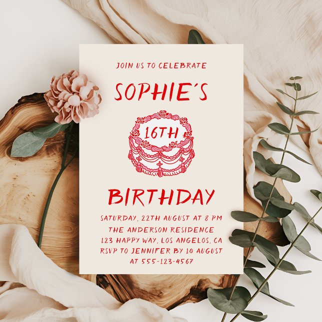 Minimal Hand Drawn Red Cake 16th Birthday Invitation (Creator Uploaded)