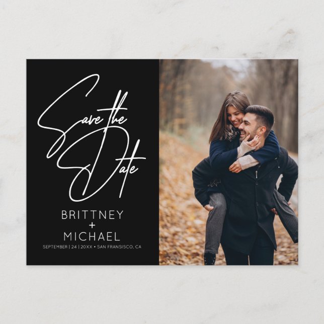 Minimal Hand Lettered Photo Save the Date Black Announcement Postcard (Front)