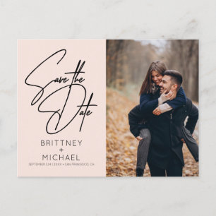 Minimal Hand Lettered Photo Save the Date Pink Announcement Postcard