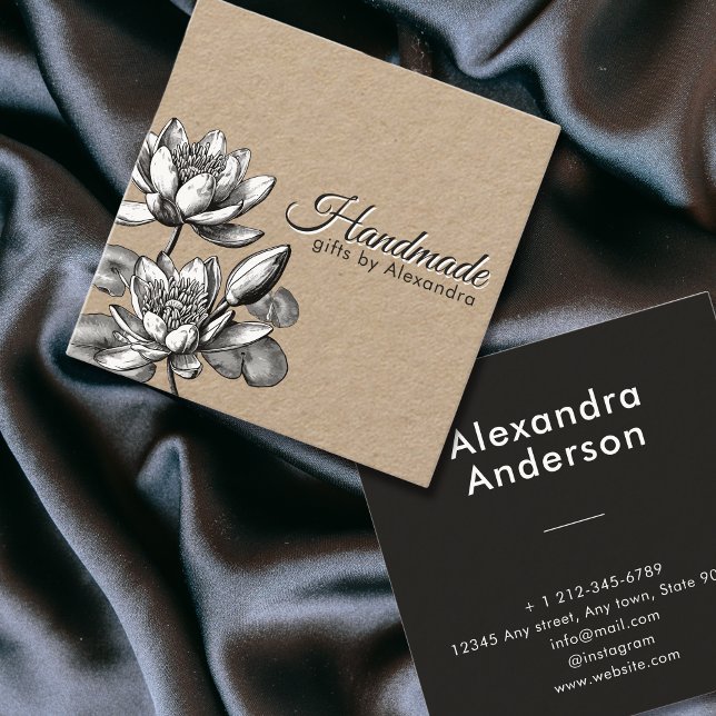 Minimal Handmade Name and Floral Waterlily Lotus Square Business Card (Minimal Handmade Name and Floral Waterlily Lotus Square Business Card)
