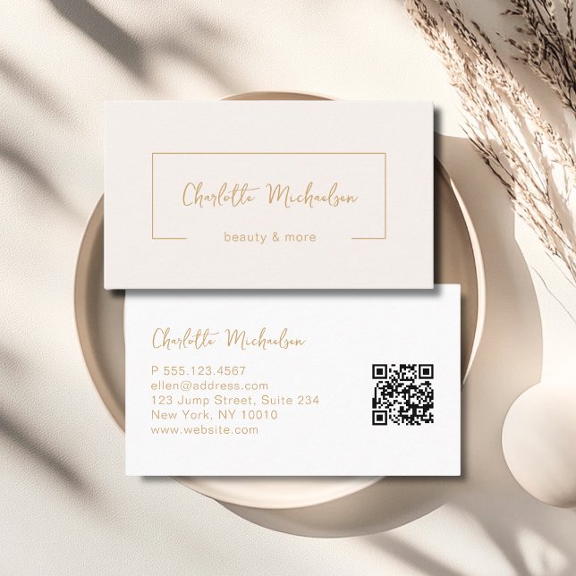 Minimal Handwriting Beige QR Code Business Card (Minimal Handwriting Beige QR Code Business Card)