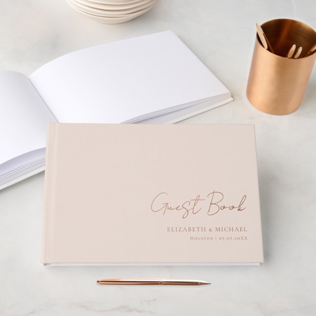 Minimal, Handwriting Script, Rose-Gold-Foil, Beige Guest Book (Creator Uploaded)