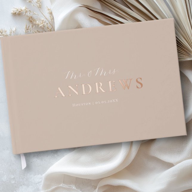Minimal, Handwriting Script, Rose-Gold-Foil, Brown Guest Book (Minimal, Handwriting Script, Rose-Gold-Foil, Brown Foil Guest Book)