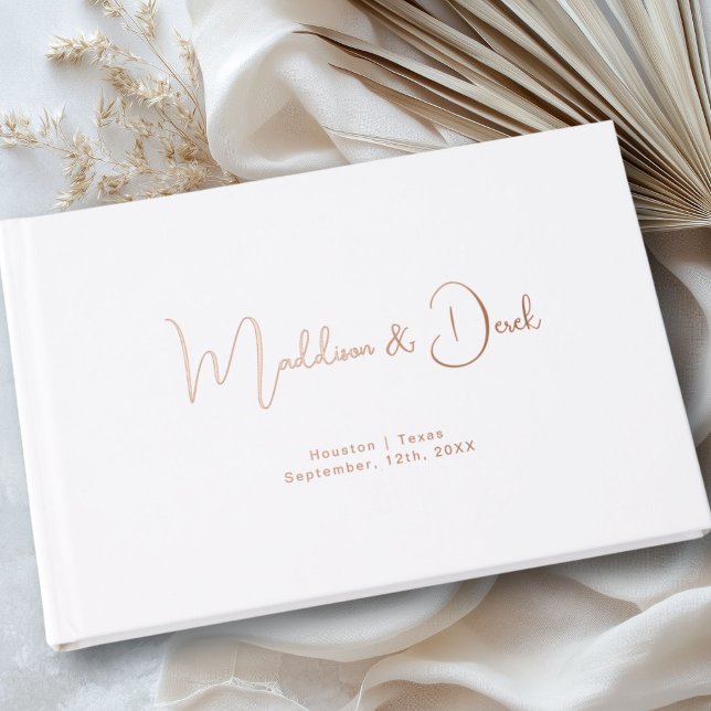 Minimal, Handwriting Script, Rose-Gold-Foil, White Guest Book (Personalized, Minimal, Handwriting Script, Rose-Gold-Foil, Foil Guest Book.)