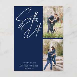 Minimal Handwritten Photo Collage Navy Blue Announcement Postcard