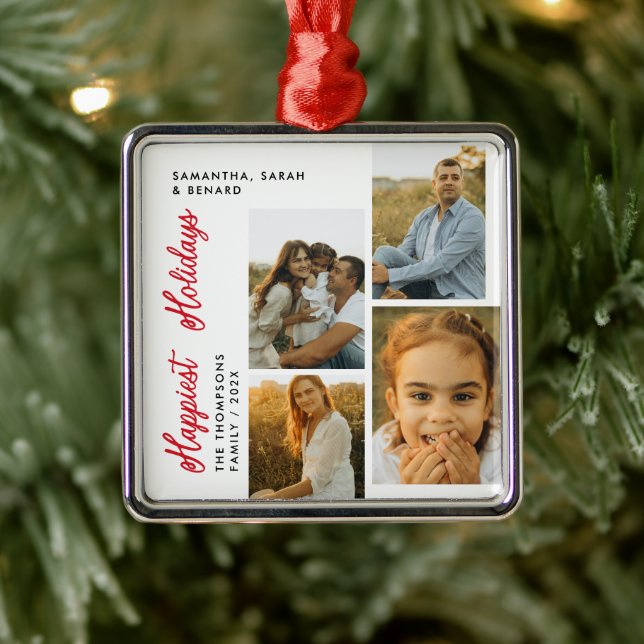 Minimal Happiest Holidays Script Family 4 Photos Metal Tree Decoration (Tree)