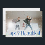 Minimal Happy Hanukkah Holiday Photo Bright Blue<br><div class="desc">Simple happy hanukkah in serif letters with year and family signature. Add your own message or extra photos to the back side.</div>
