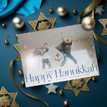 Minimal Happy Hanukkah Holiday Photo Bright Blue<br><div class="desc">Simple happy hanukkah in serif letters with year and family signature. Add your own message or extra photos to the back side.</div>