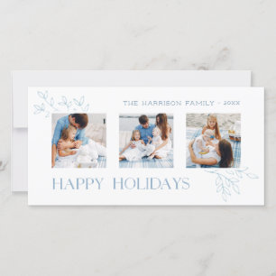 Minimal Happy Holidays Botanical 3-Photo Thank You Card