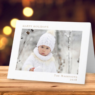 Minimal Happy Holidays Photo White Gold Christmas Holiday Card