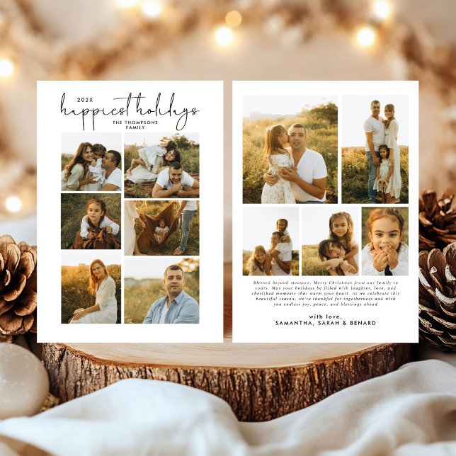 Minimal Happy Holidays Script Family 11 Photos Holiday Card (Creator Uploaded)