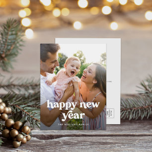 Minimal Happy New Year Modern Typography Photo Holiday Postcard