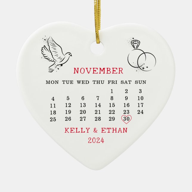 Minimal Heart Calendar Fall Wedding 2024 Ceramic Tree Decoration (Front)