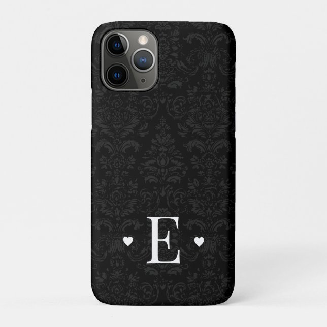 Minimal Heart Chic Initial Monogram Black Damask Case-Mate iPhone Case (Back)