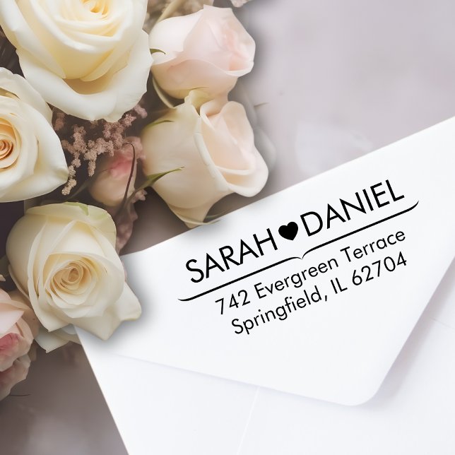 Minimal Heart Line Custom Name & Address Wedding  Self-inking Stamp (Sarah & Daniel Roses)