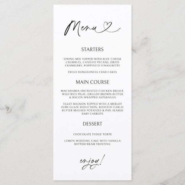 Minimal Heart Menu Card Reception Formal Dinner  (Front)