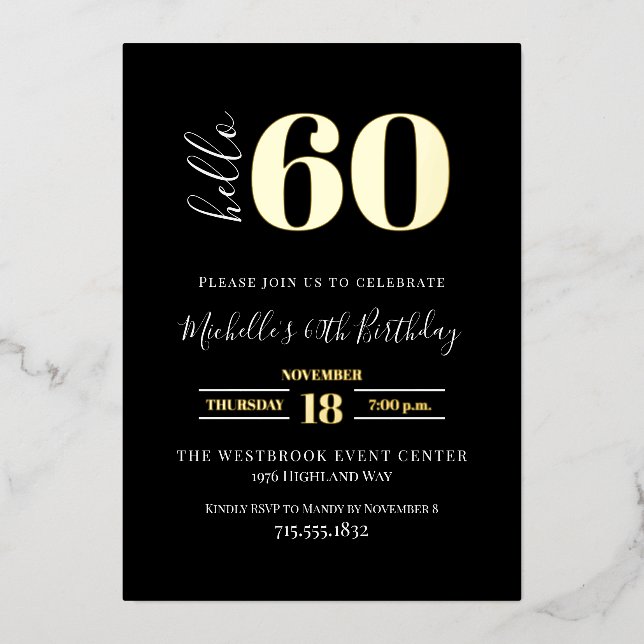Minimal Hello 60 Script 60th Birthday Black Gold (Front)