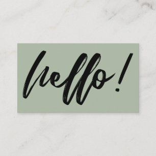 Minimal Hello in Handwriting Script Black on Sage Business Card