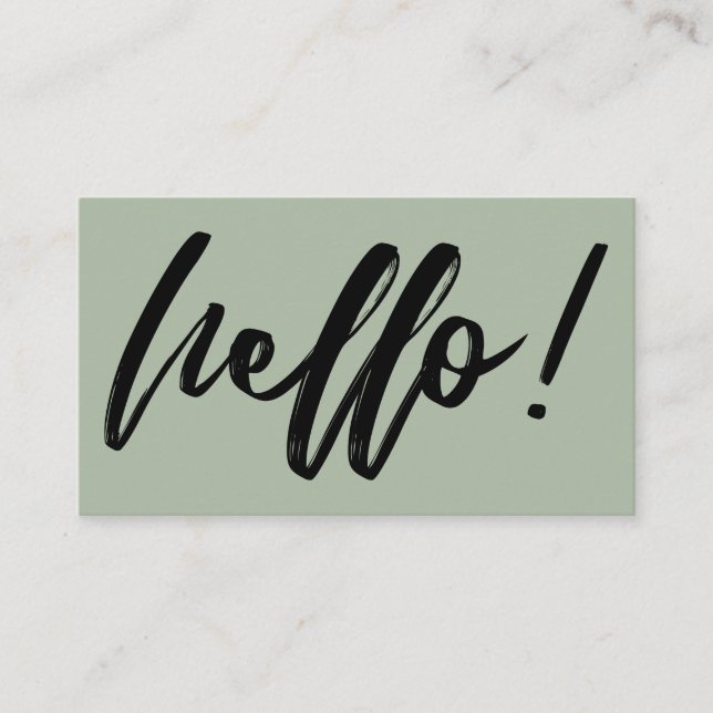 Minimal Hello in Handwriting Script Black on Sage Business Card (Front)